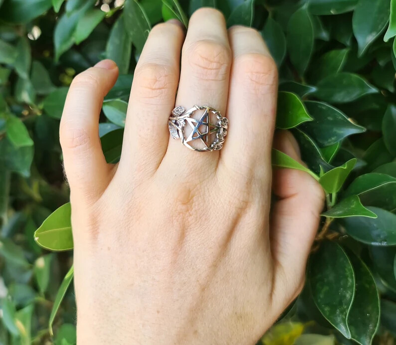 Pentagram Ring STERLING SILVER 925 Floral Pentacle Sacred Symbol 5 pointed star