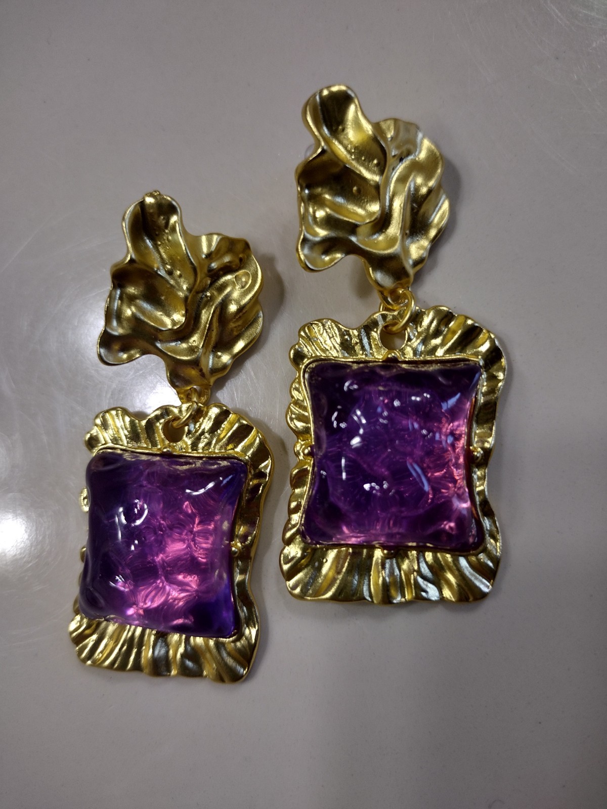 Square Medieval Amethyst Metal Lava Earrings for Women