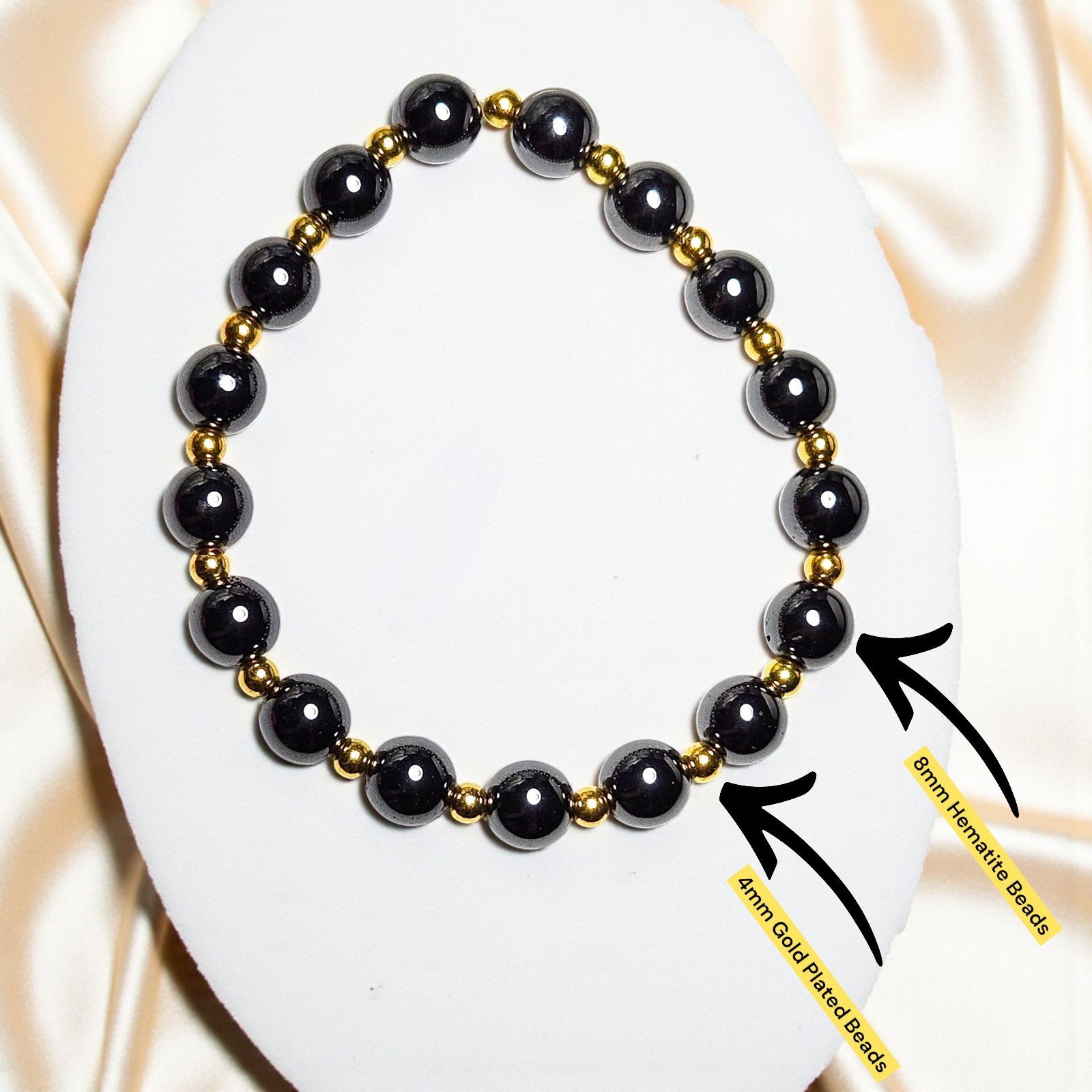Hematite / Gold Plated Beads Design 8mm Beaded Bracelet Wrist Sz 7.5
