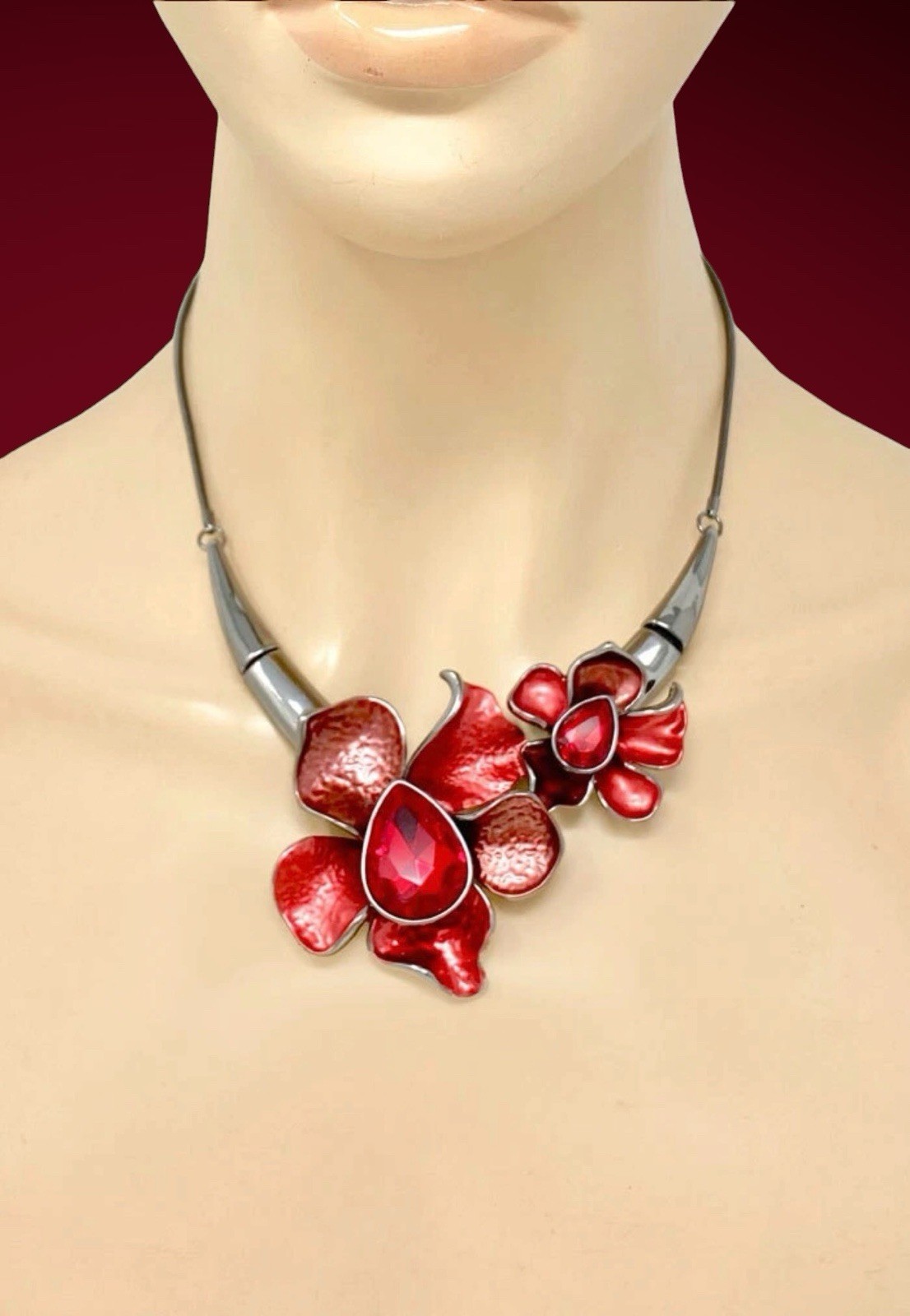 Red Crystal Flowers Enameled Statement Casual Chic Necklace Earrings Set