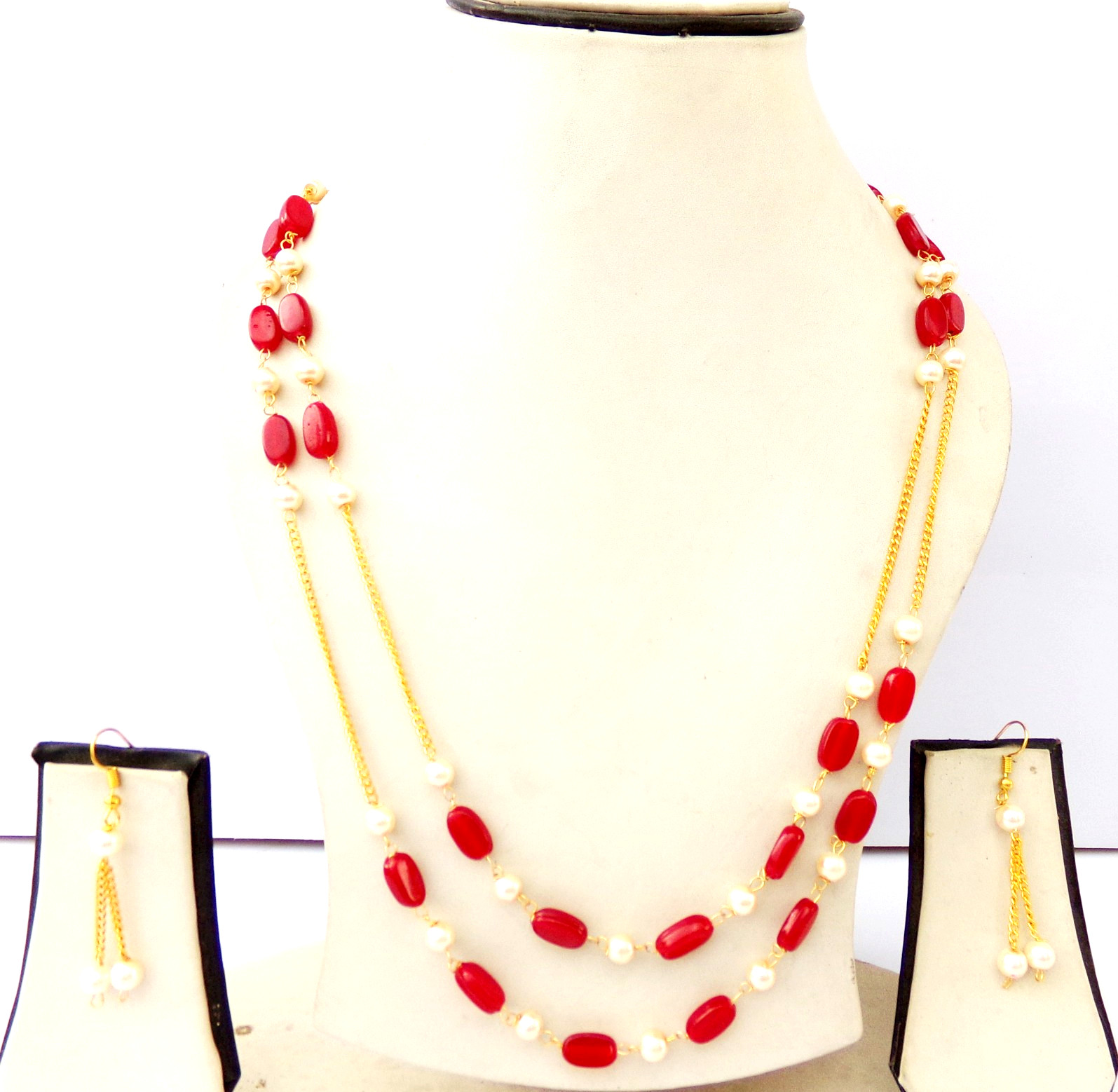Indian Bollywood Gold Plated Pearls Mala Bridal Necklace Earrings Jewelry Set