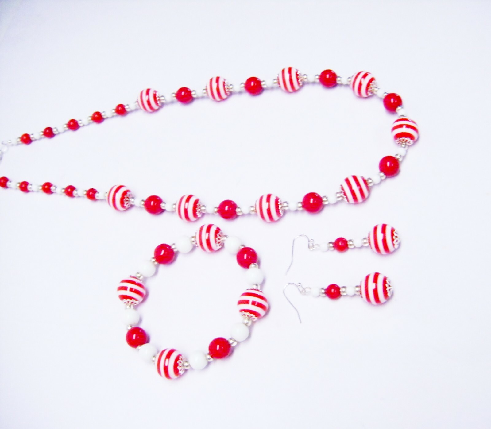 Red/White Stripe Acrylic w/White Glass Bead Necklace/Bracelet/Earrings