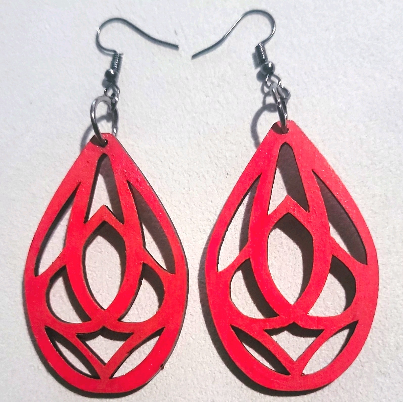 Red Wooden Teardrop Cutout Dangle/Drop Hook Earrings, No Stone