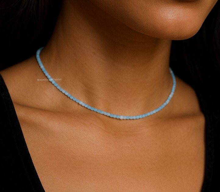 2mm Dainty Aquamarine Choker Blue Stone Queen Necklace Healing Reiki Energy Gift