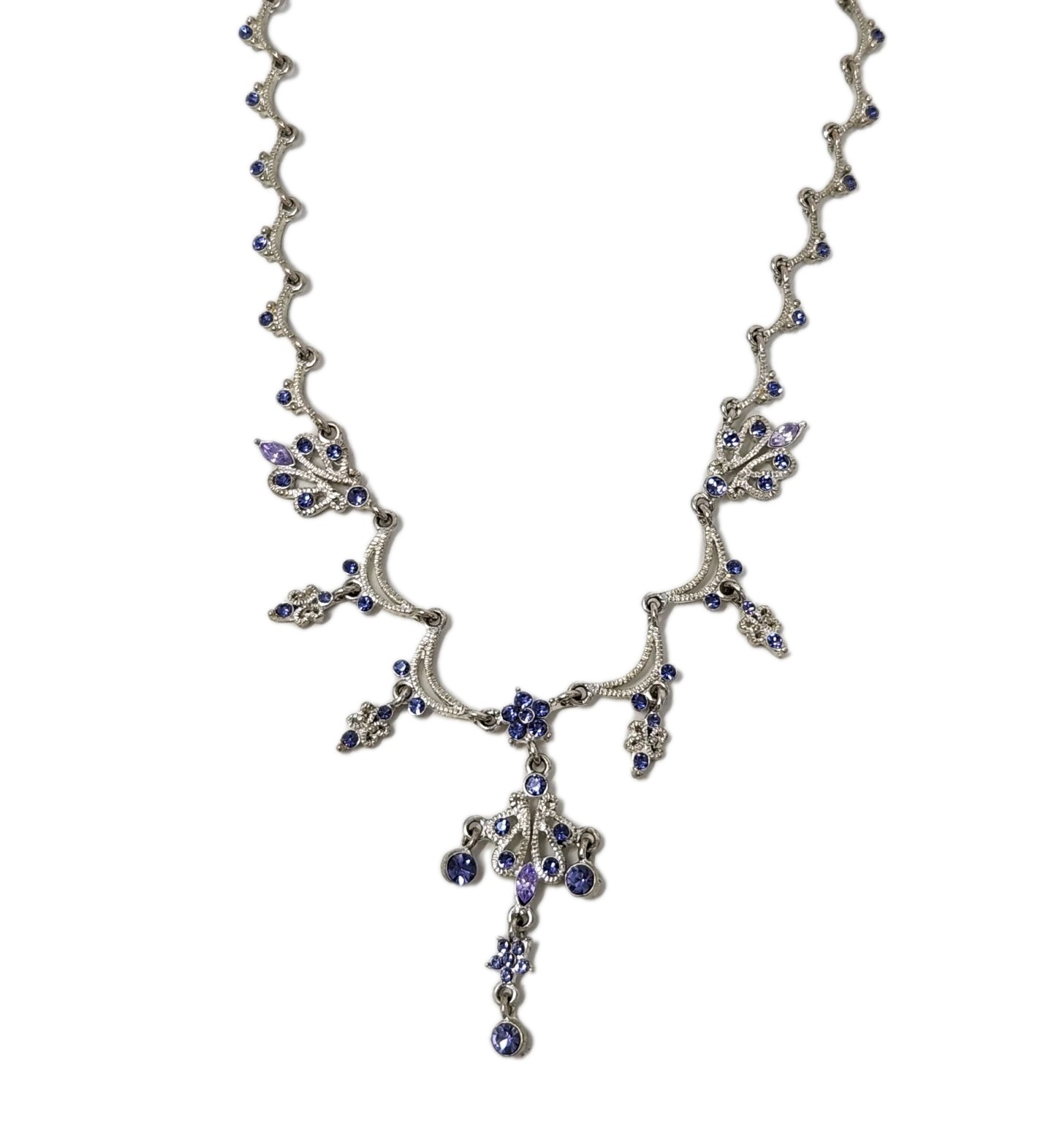 Purple Crystal Rhinestone Y-Drop Scalloped Necklace Silver Tone Fringe Dangle