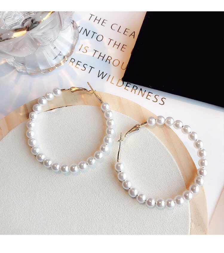 Pretty New Fashion Jewelry Yellow Gold Plated White Pearl 2″ Round Hoop Earrings