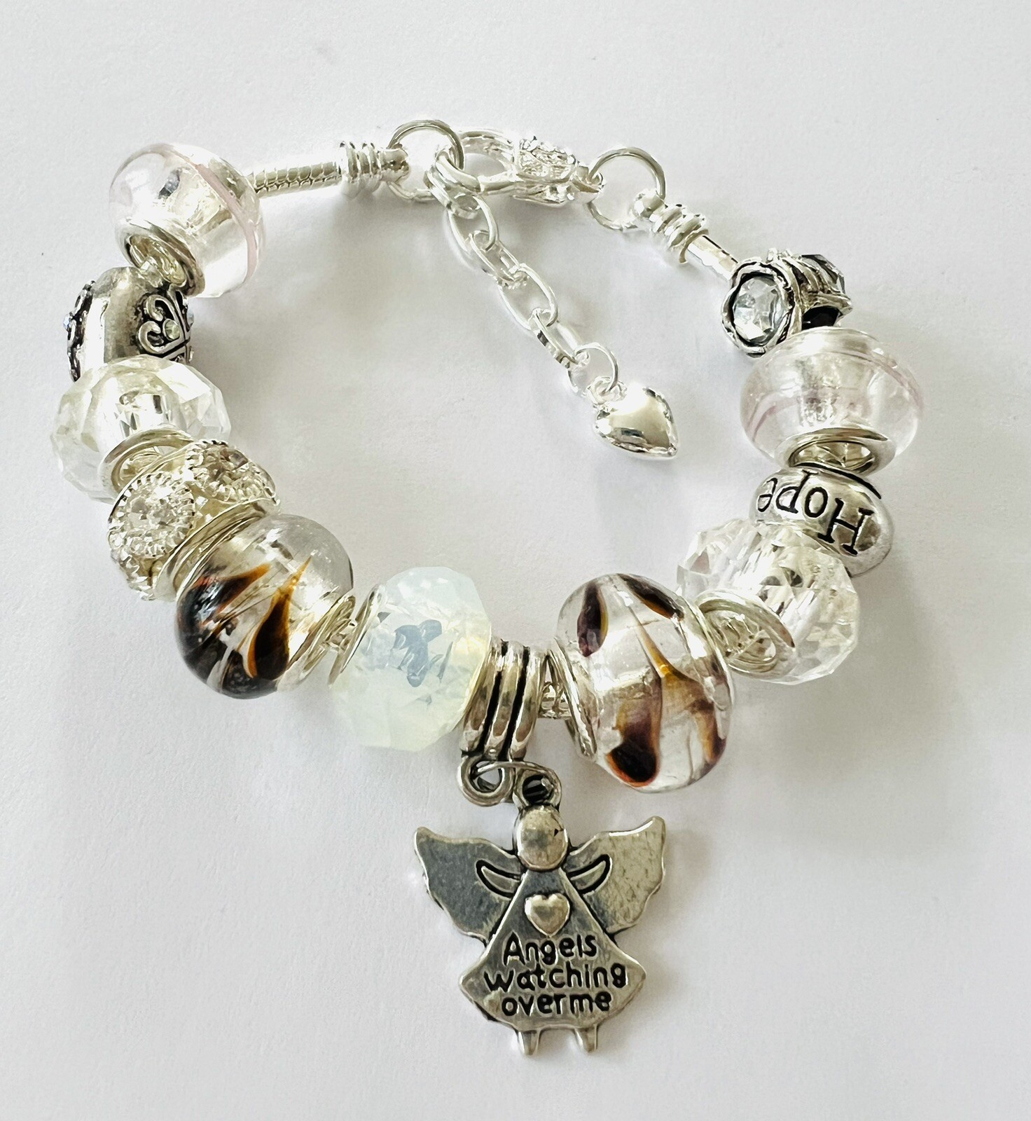 White & Silver Angel Birthday, Anniversary, European Charm Bracelet 5.5-6.5”