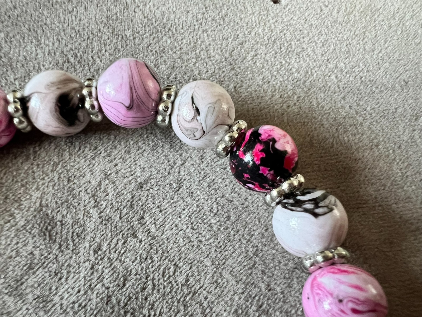 handmade elastic unique marble acrylic beads & silver accents bracelet
