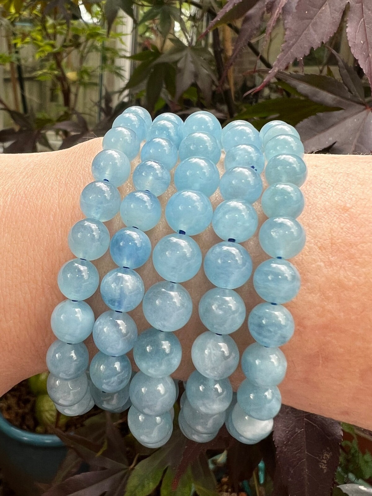 5pcs Natural Aquamarine 8mm Blue Bead Bracelet Healing March Birthstone Gifts