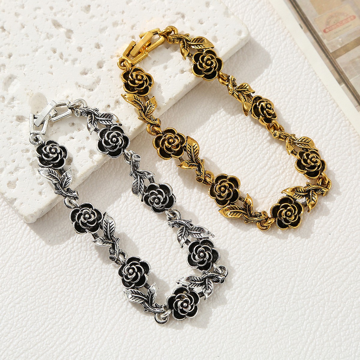 Vintage 3D Rose Leaf Floral Bracelet Antique Gold/Silver Plated Women’s Jewelry