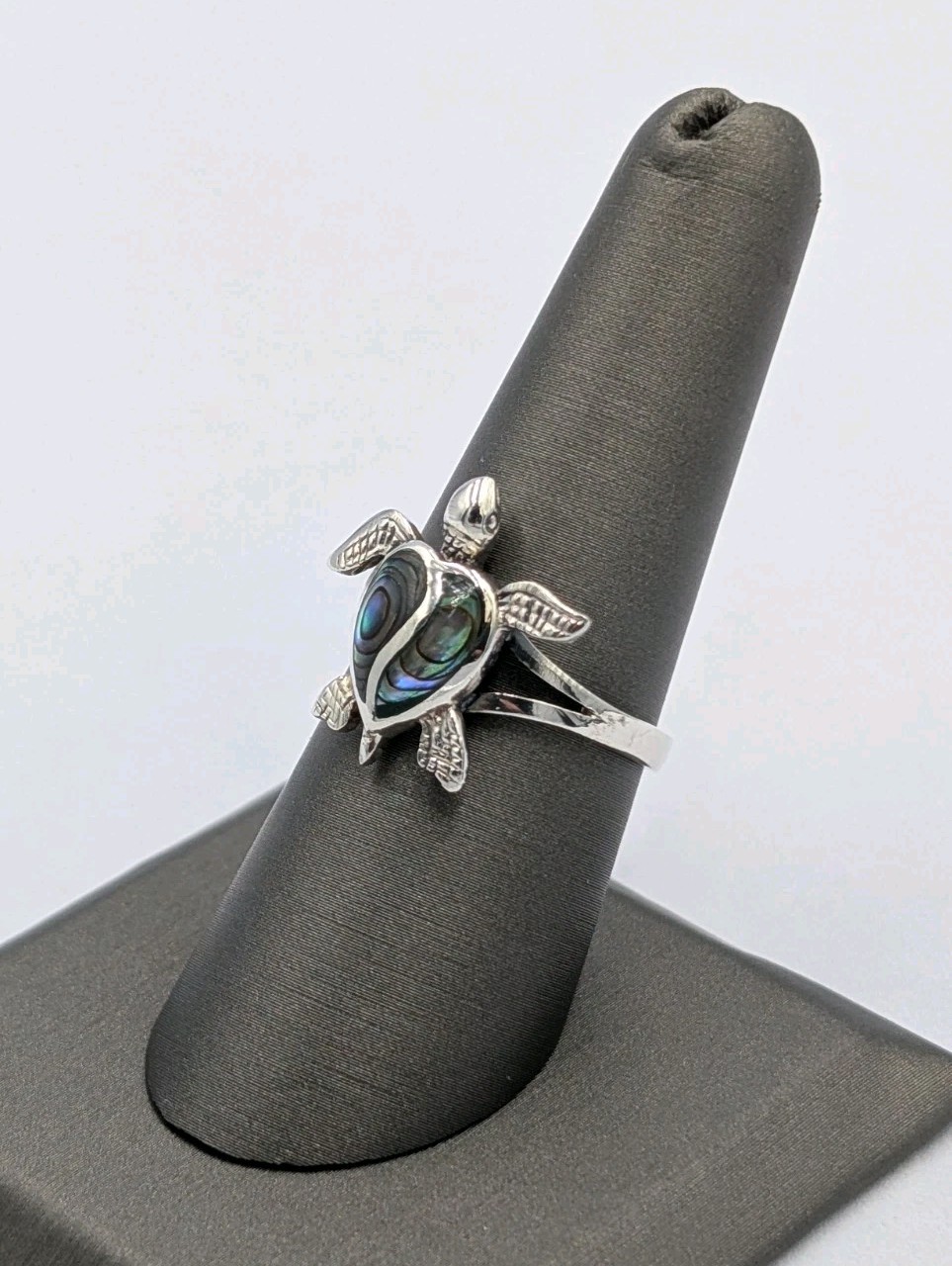 925 Sterling Silver Sea Turtle Split Heart Inlaid Abalone Shell Ring – Sz 7.75