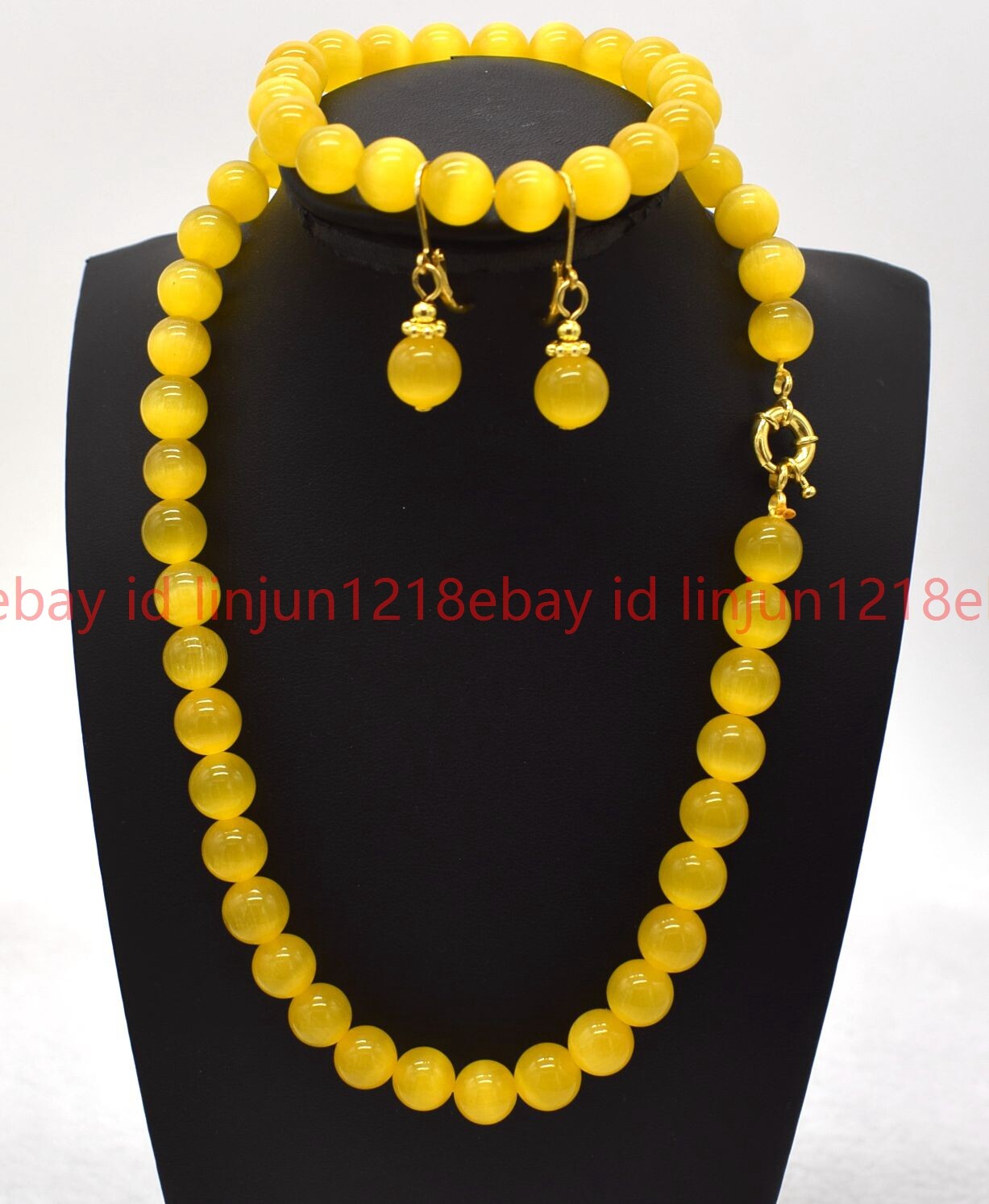 Natural 10mm Yellow Cat Eye Round Gemstone Beaded Necklace Bracelet Earrings Set