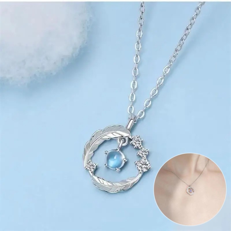Silver Plated Feather Shape Pendant Necklace Moonstone Round Bead Jewelry