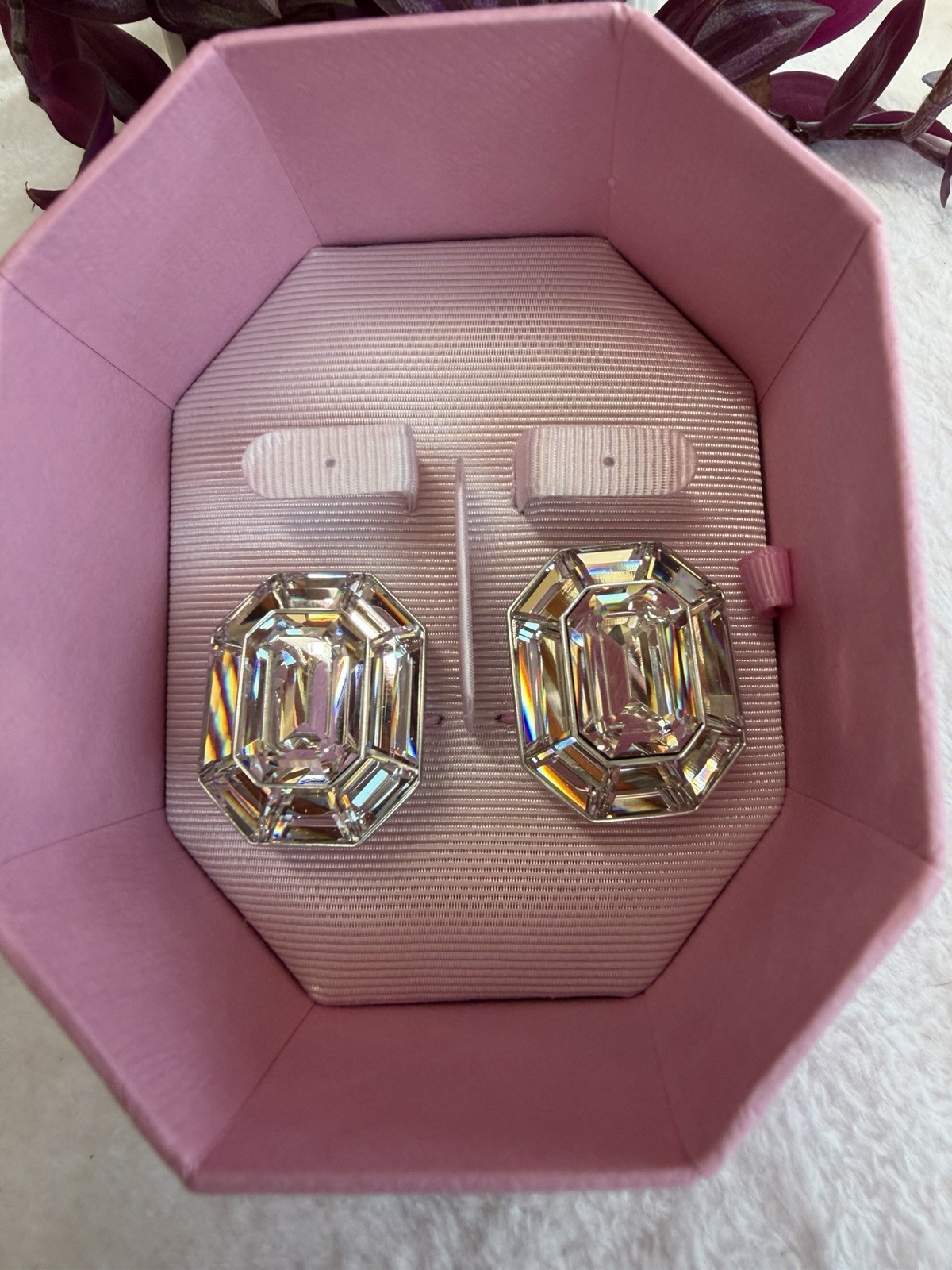 Swarovski Octagon Cut White Aluminum Metal Lucent Clip-On Earrings