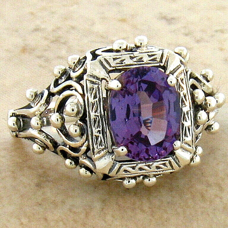 925 STERLING SILVER FILIGREE ANTIQUE STYLE SIMULATED ALEXANDRITE RING 264X