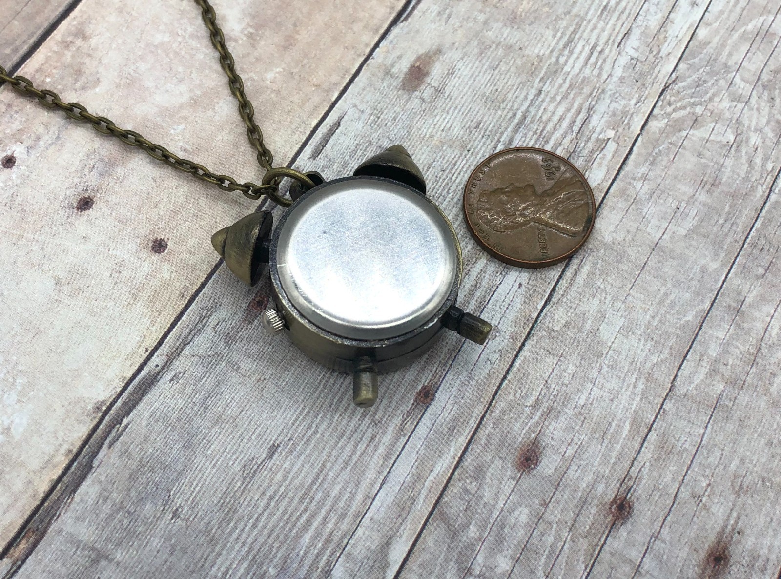 Vintage Bronze Alarm Clock Pocket Watch Necklace Quartz w/ 31 ” Chain & Battery