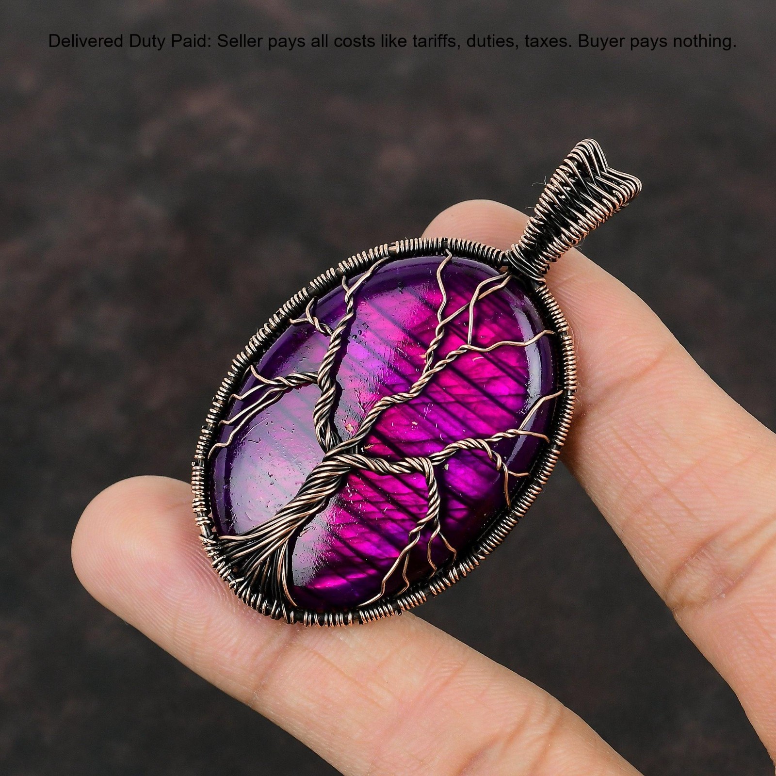 Copper Pink Fire Labradorite Gemstone Wife Tree Of Life And Wire Wrapped Pendant