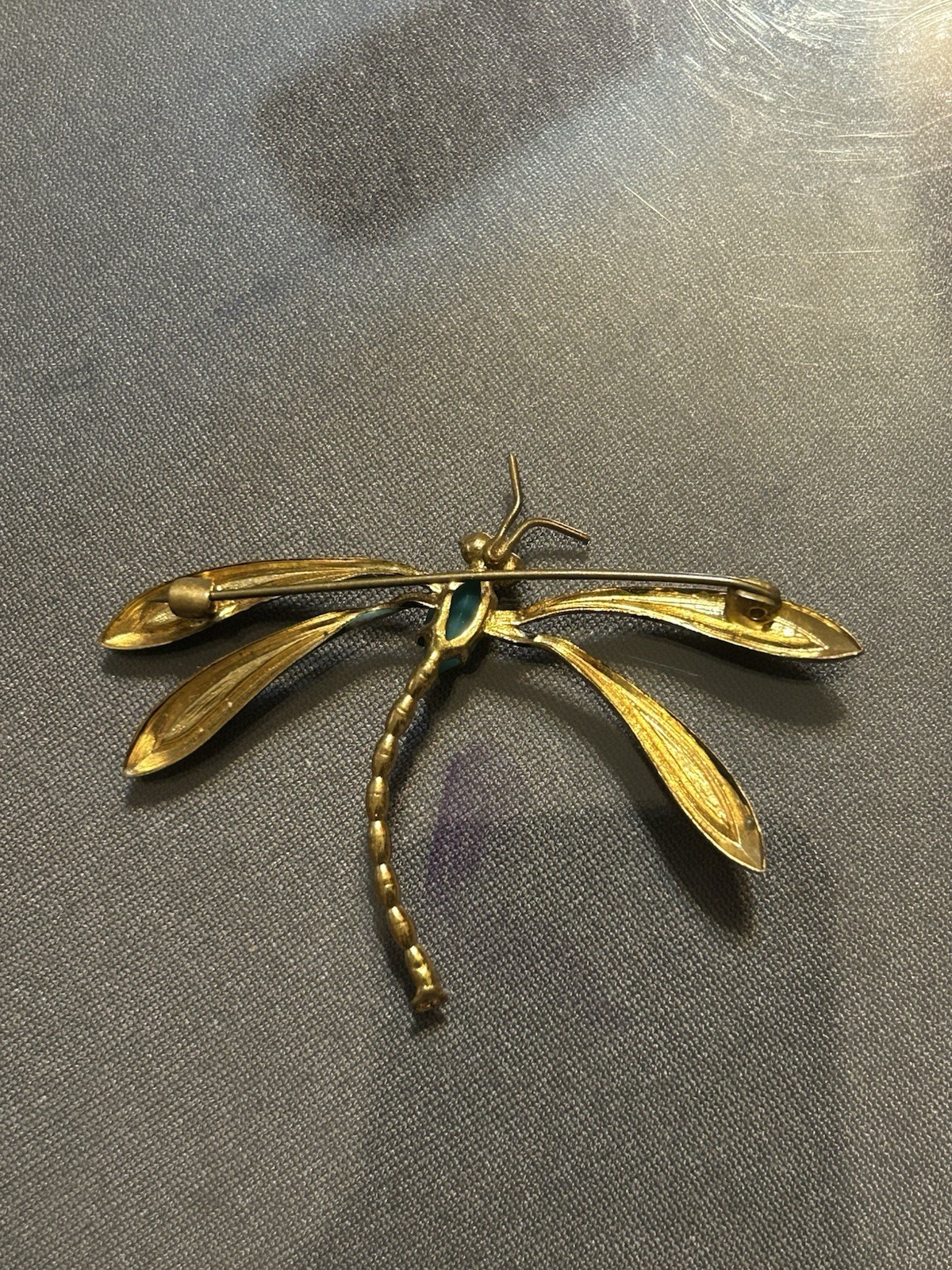 Vintage Art Nouveau Style Gold Tone Enamel Dragonfly Brooch fauxTurquoise