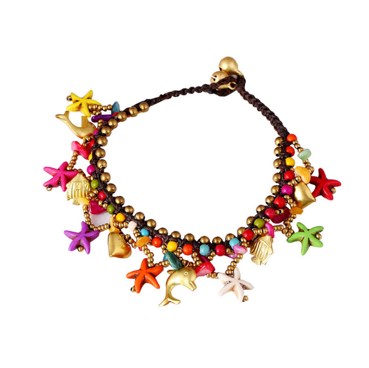 Bohemia Turquoise Copper Bead Bell Wax Rope Ocean Foot Anklet Bracelet 8-9.2″