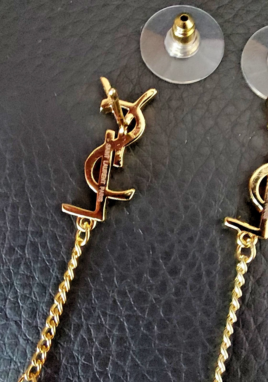 Auth YVES SAINT LAURENT YSL Crystal LOGO Long Chain Drop EARRINGS Gold T G2U