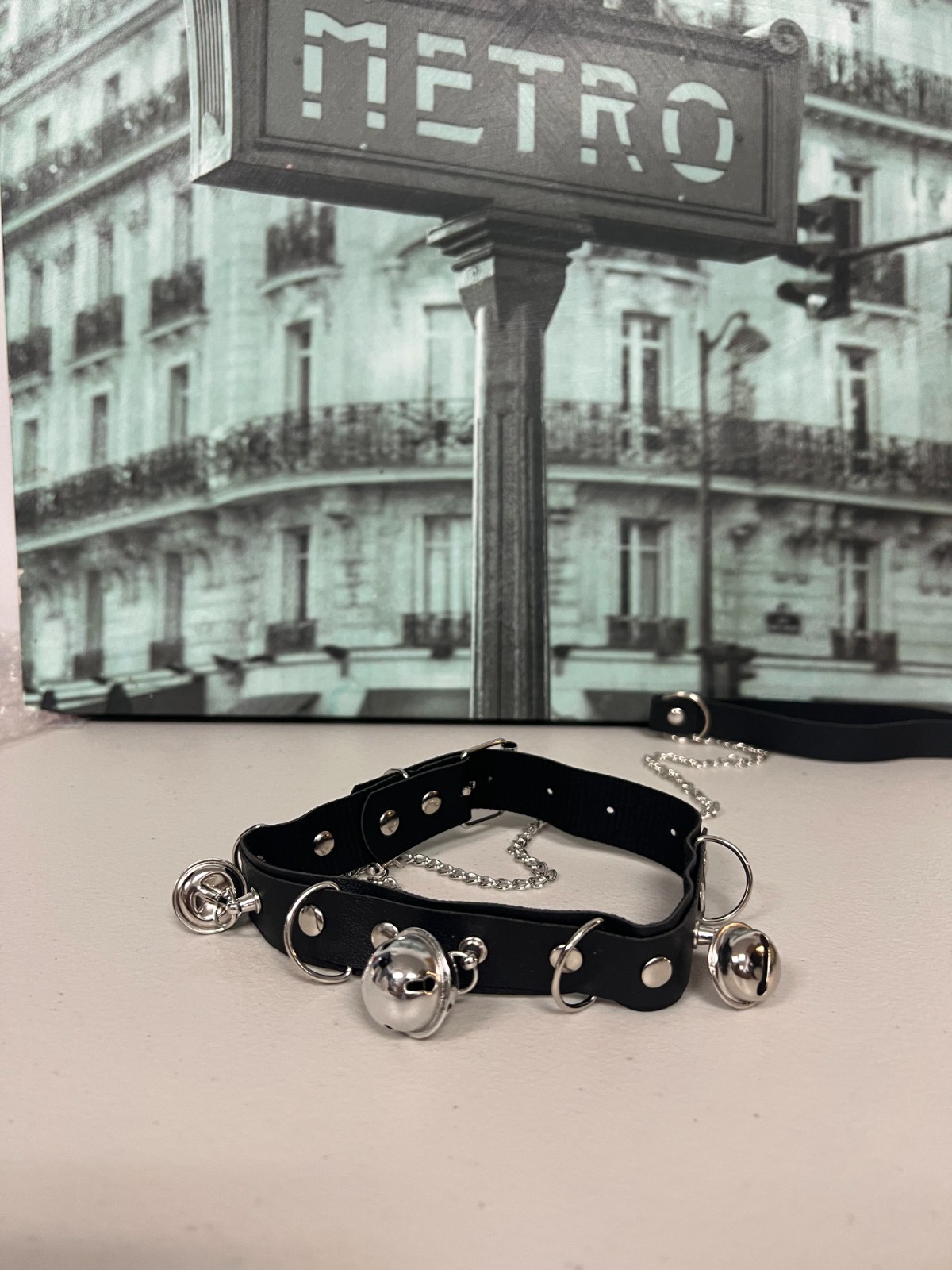 Gothic Faux Leather Choker Set Detachable Chain Leash Bell