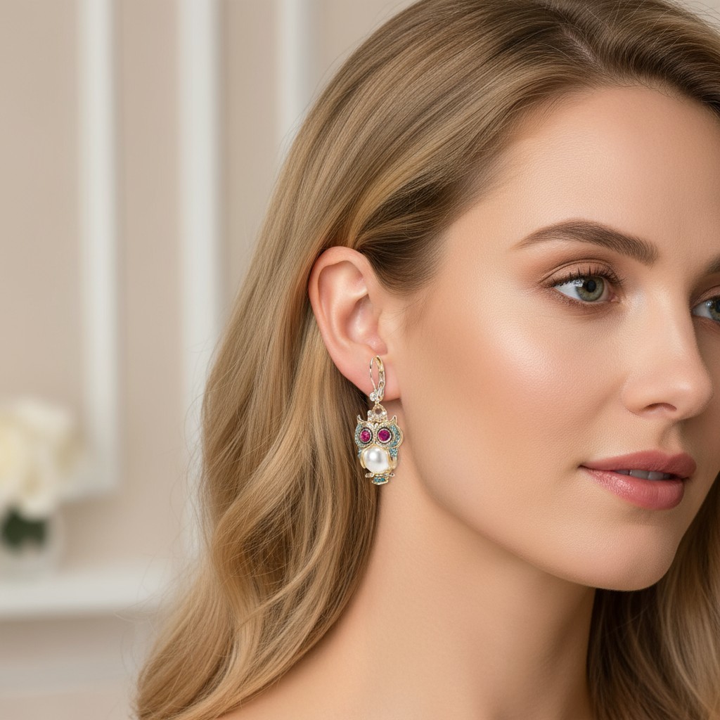 Betsey Johnson Pearl Owl Drop Earrings – Gold-Tone Critter Mixed Stone Accents