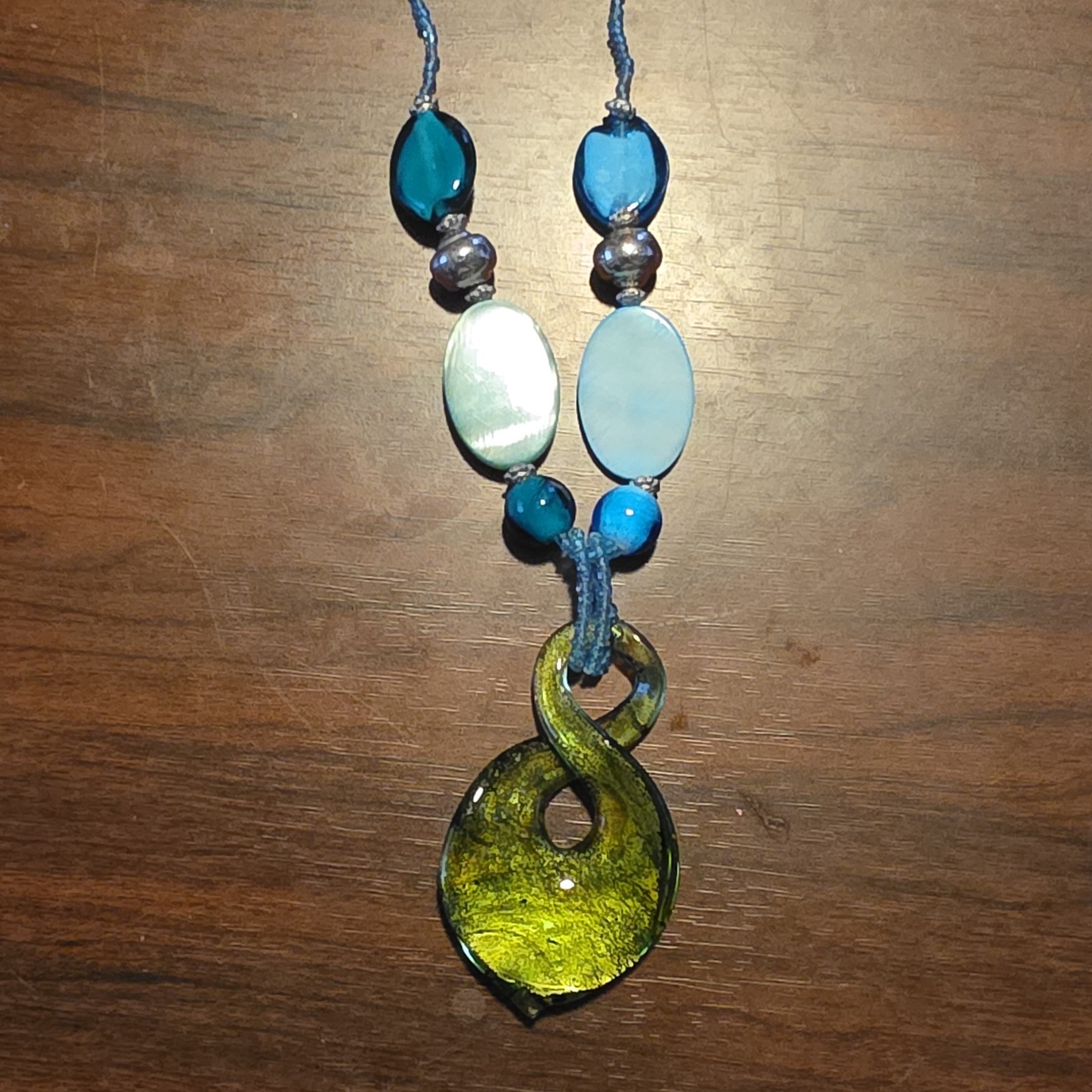 Blue Glass Shell Beaded Teardrop Charm Pendant Necklace Adjustable 16-20in