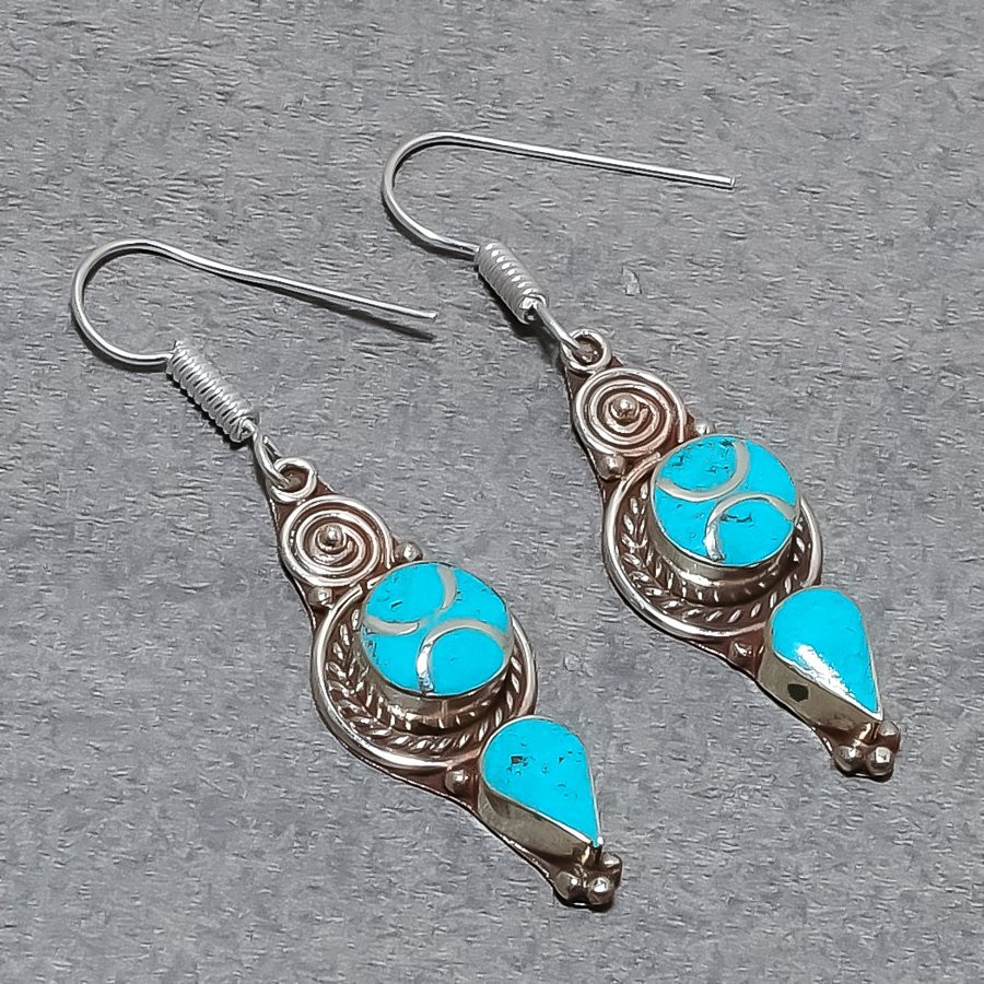 Turquoise Gemstone Earrings Tibetan Handmade Elegant Nepali Jewelry 2.4″ NE 5340