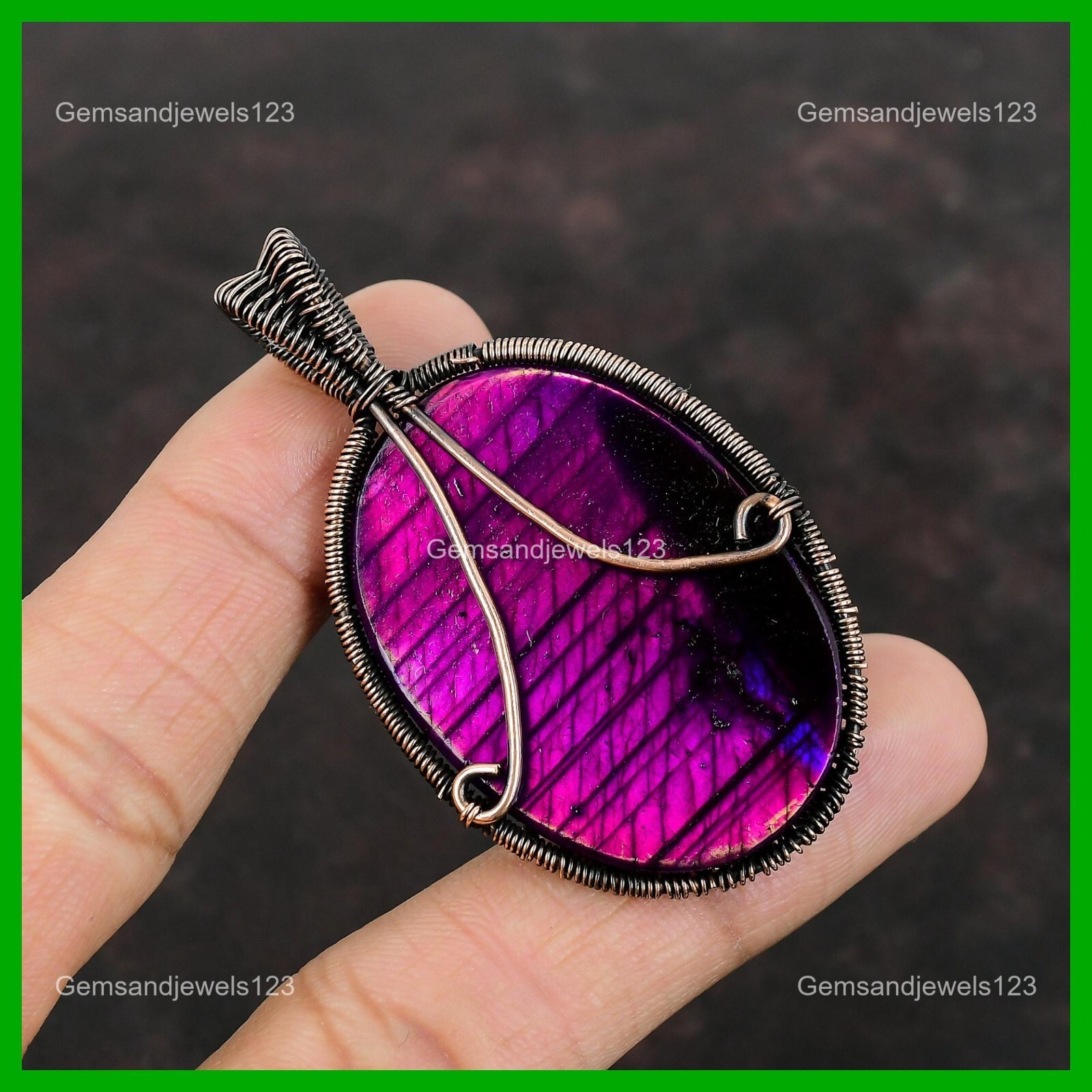 Oval Pink Fire Labradorite Gemstone Copper Tree Of Life And Wire Wrapped Pendant
