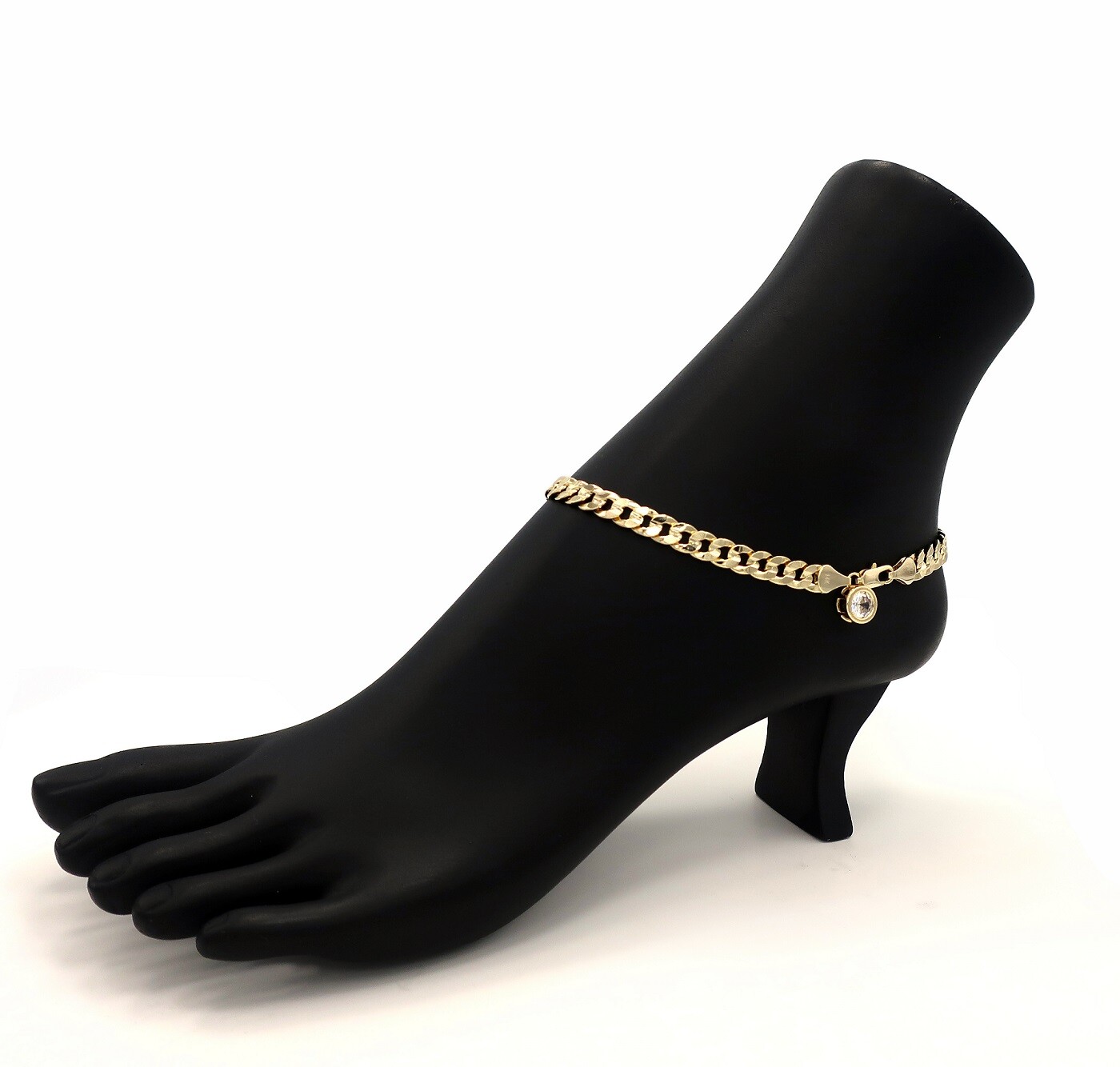 6mm CONCAVE CUBAN LINK CHAIN ANKLET CZ STONE ANKLE BRACELET 14K GOLD PLATED