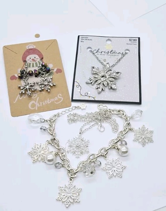 Snowflake Christmas Necklace Bracelet Earring Lot Silver tone Set of 4