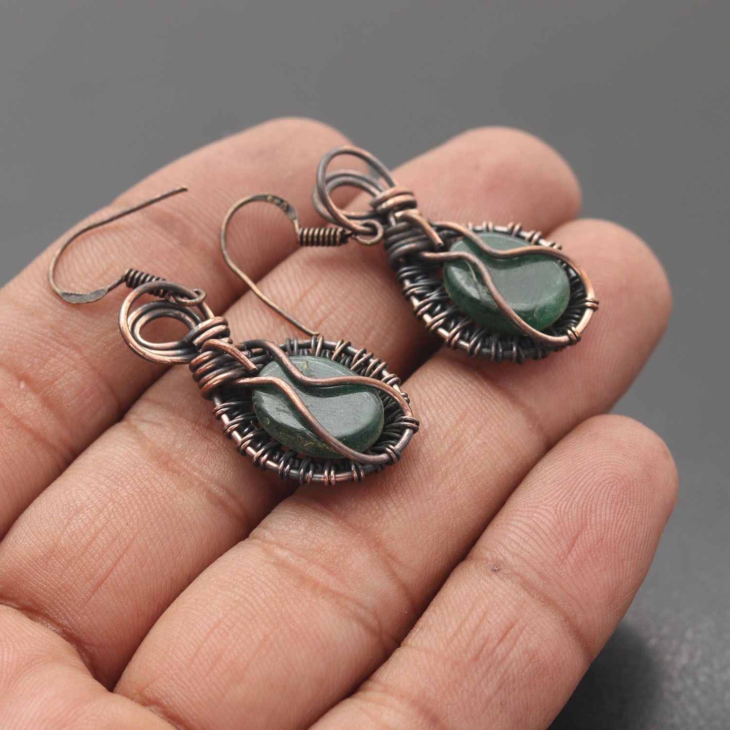 Green Zade Gemstone Copper Wire Wrapped Handmade Earring Jewelry Gift For Wife