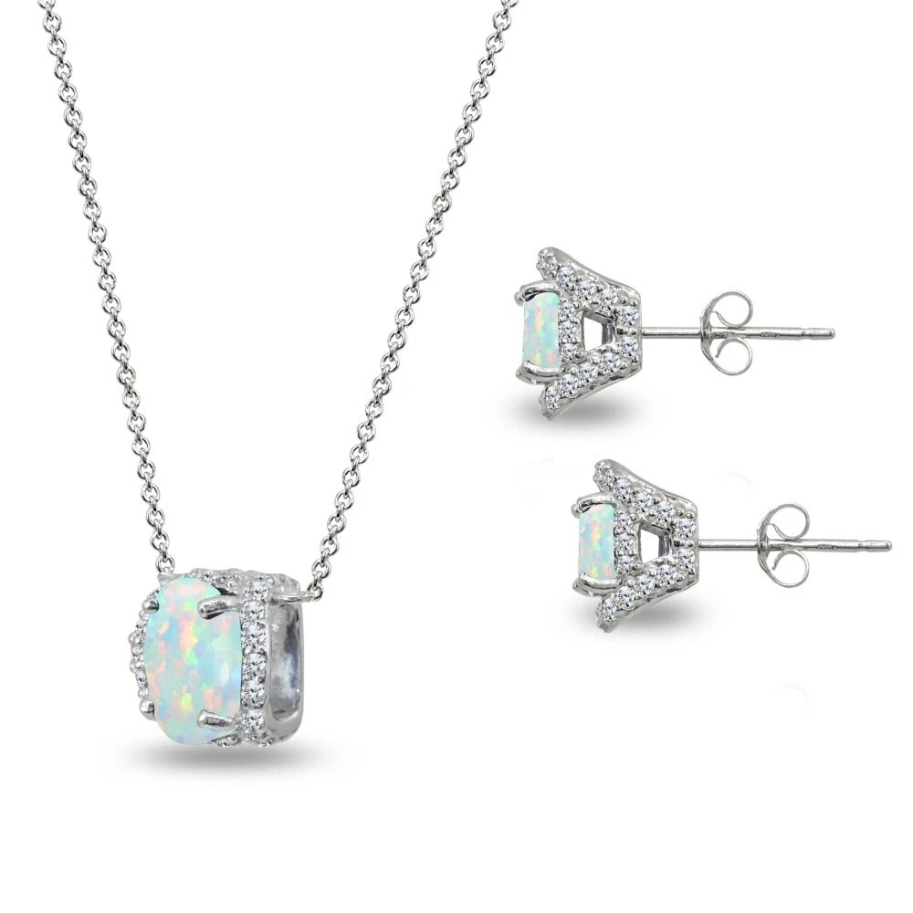 Oval Synthetic White Opal 925 Silver Stud Earrings & Necklace Set w. CZ Accents