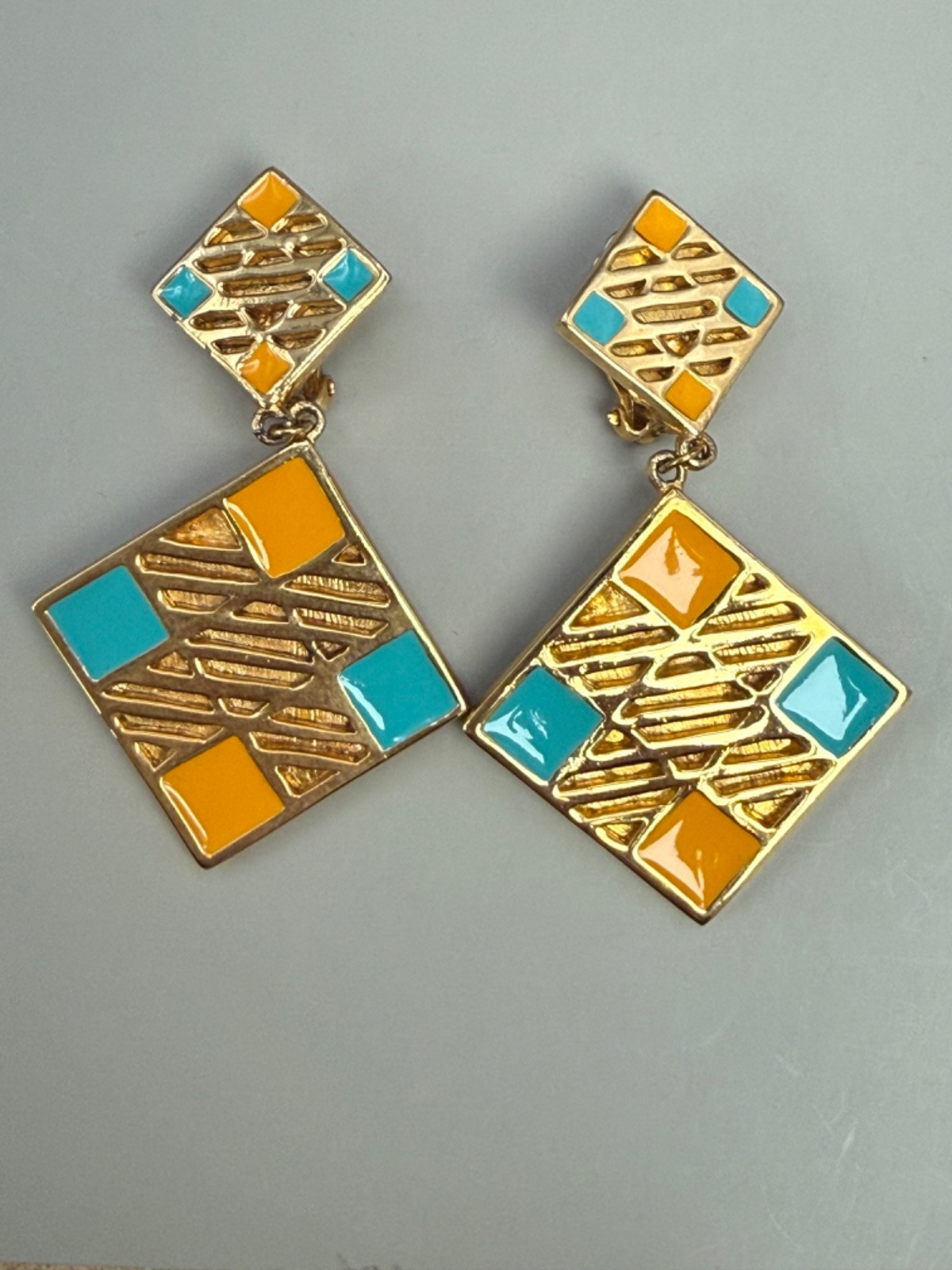 Vintage Valentino Garavani Geometric Enamel & Gold tone Clip on Earrings