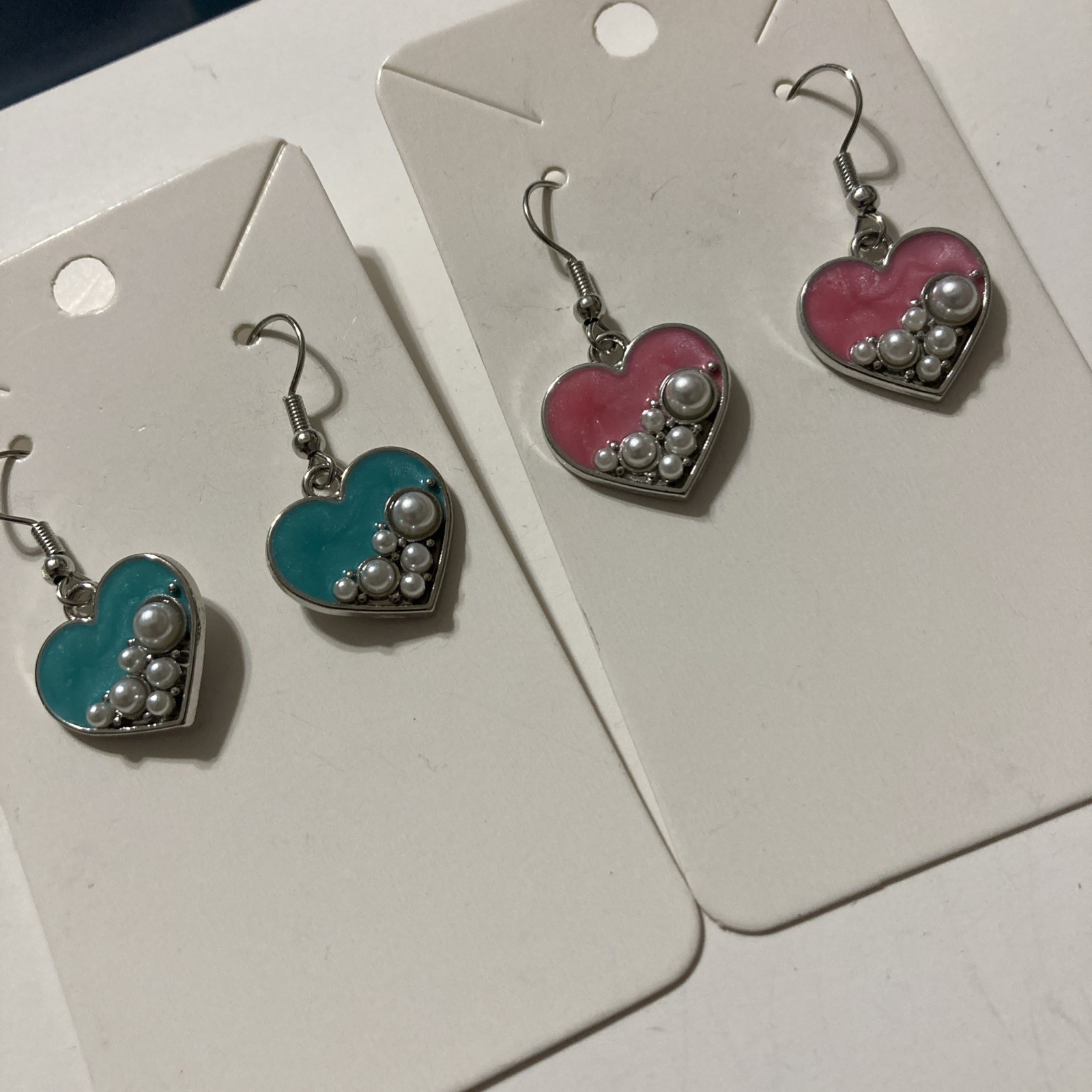 New Buyer’s Choice Pink Blue Heart Earrings Pearls SilverTone Dangle Jewelry