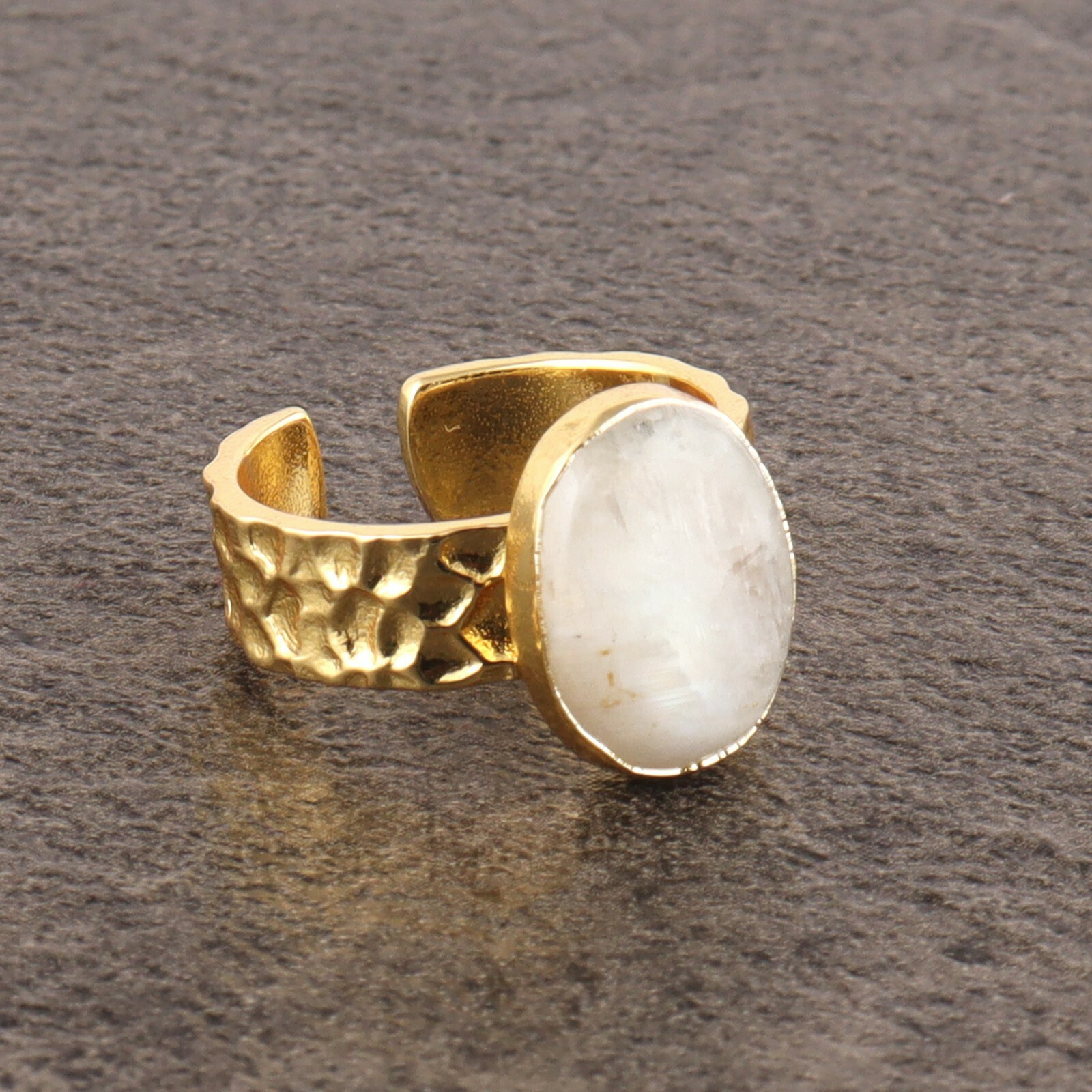 Good Quality Fire Moonstone Gold Plated Hammered Finish Band Adjustable Rings
