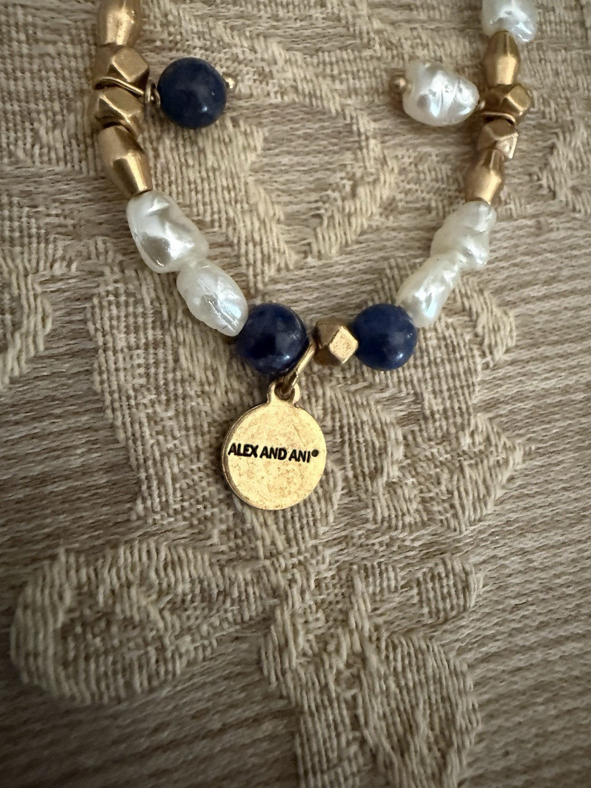 ALEX AND ANI Gold Tone Beaded Bracelet Blue White Round Beads Bee Toggle Signed