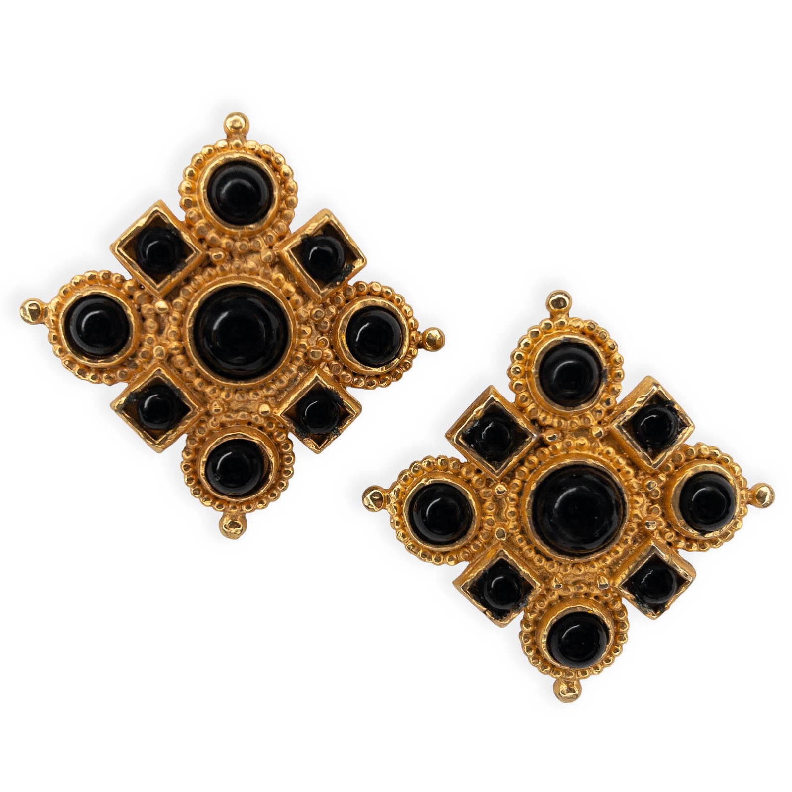 Vintage Edouard Rambaud Paris Clip Earrings Byzantine Cross Black Cabochons 1980