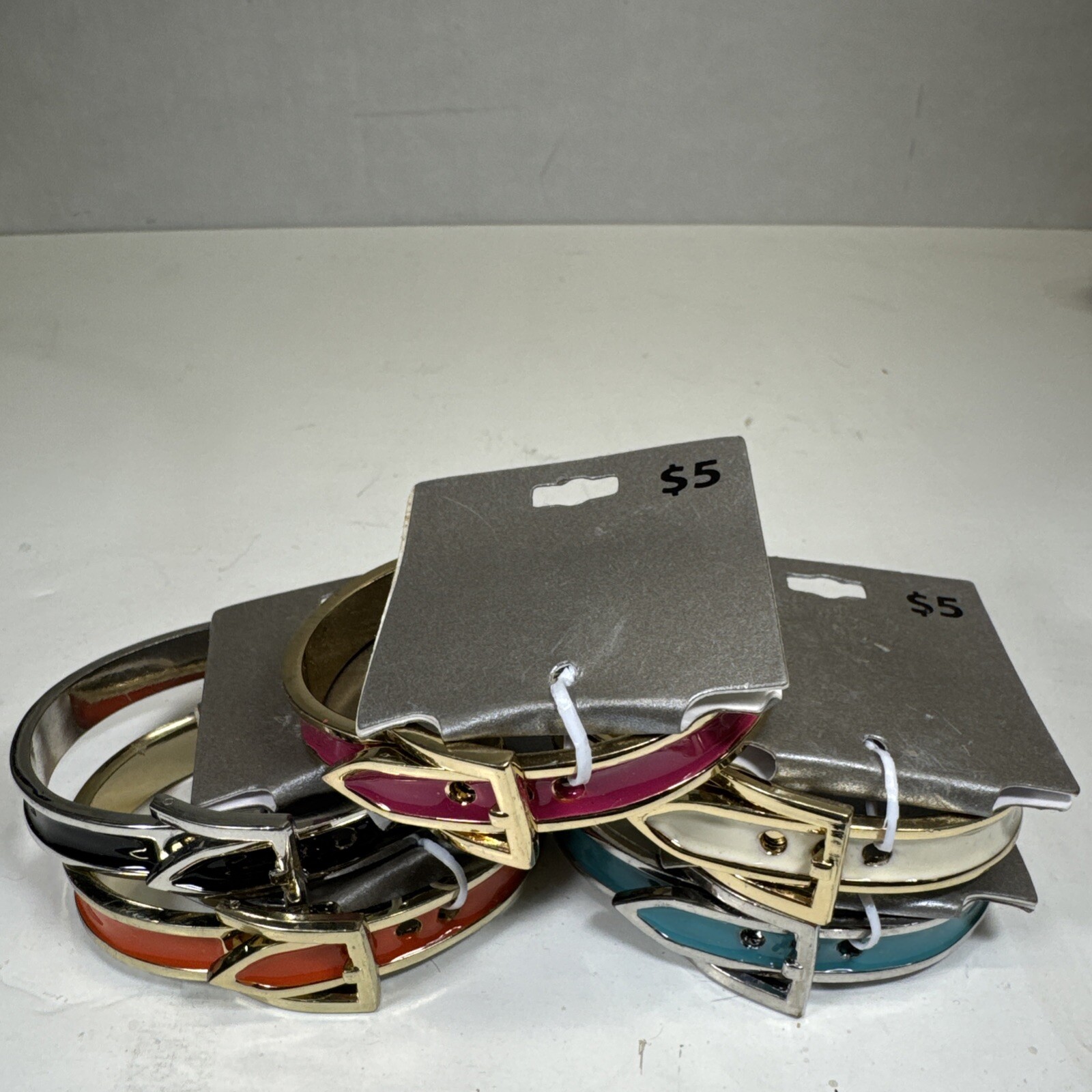 (5) New Enamel Silver Gold Tone Bangle Bracelet Set Wrist Pink White Black Orang
