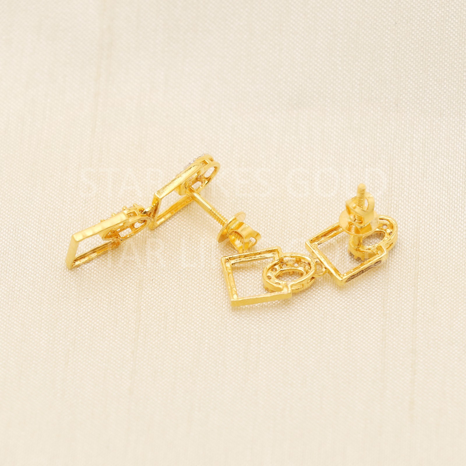 Solid 22k Gold Geometric Double Square Dangle Earrings Pave CZ Oval Link