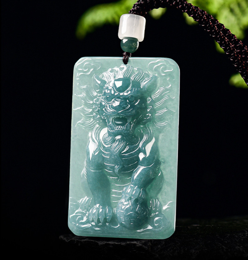 Real Grade A 100% Natural Blue Jade Jadeite Dragon Oblong Pendant Necklace