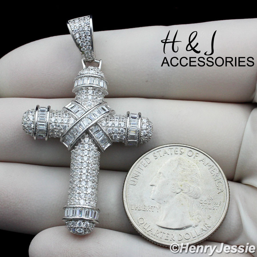 18-30″MEN 925 STERLING SILVER 2MM MOON CUT BEADED CHAIN CZ CROSS PENDANT*SP232