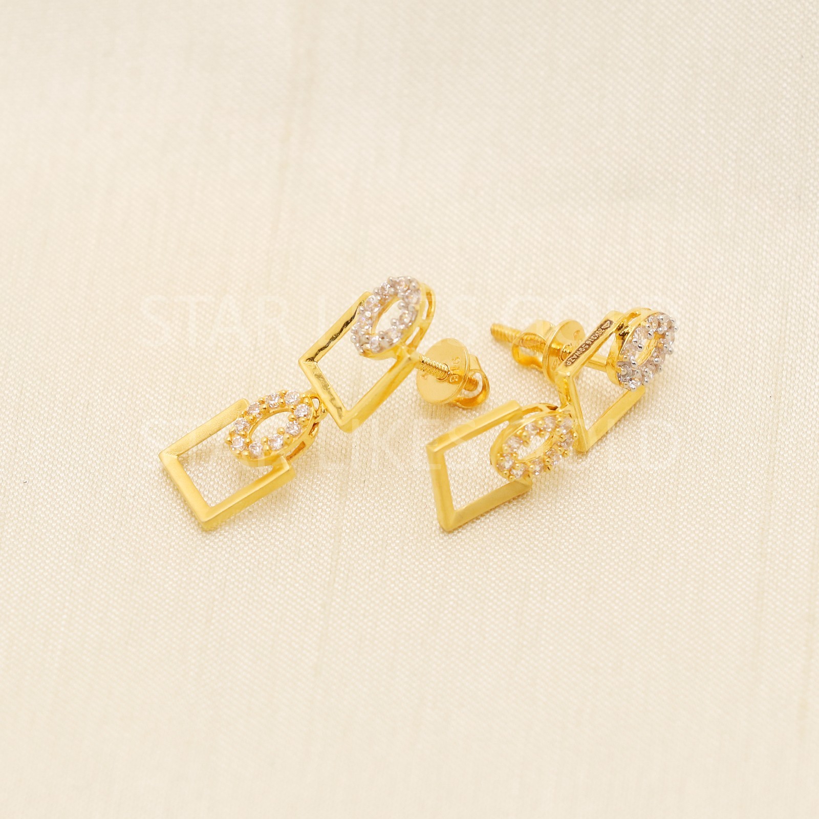 Solid 22k Gold Geometric Double Square Dangle Earrings Pave CZ Oval Link