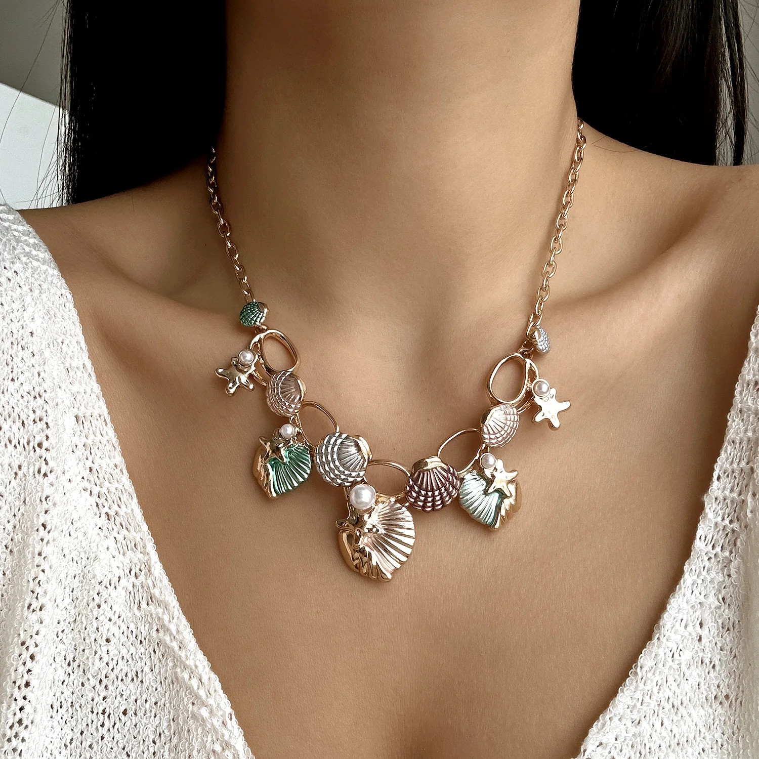 Boho Starfish Shell Coral Pearl Pendant Necklace For Women Shiny Crystal Zircon