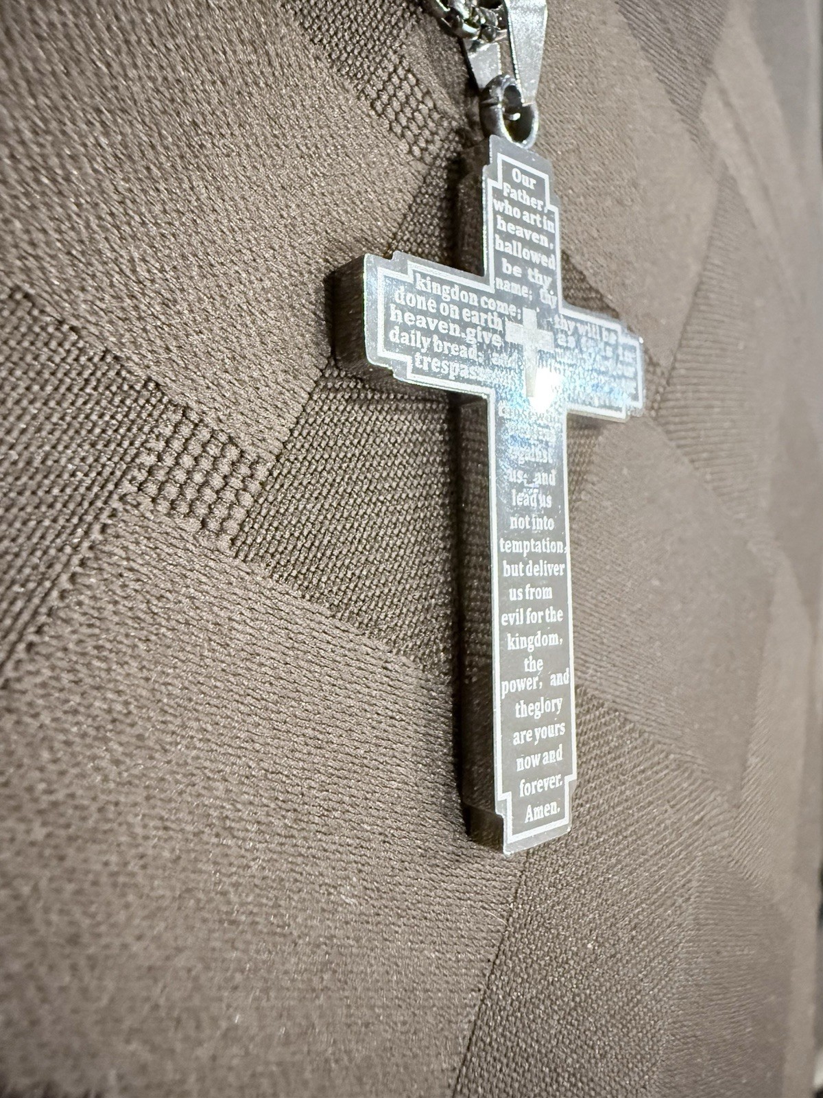 Silver Tone Lord’s Prayer Cross Pendant Necklace – 23.5″ Rope Chain, 25g