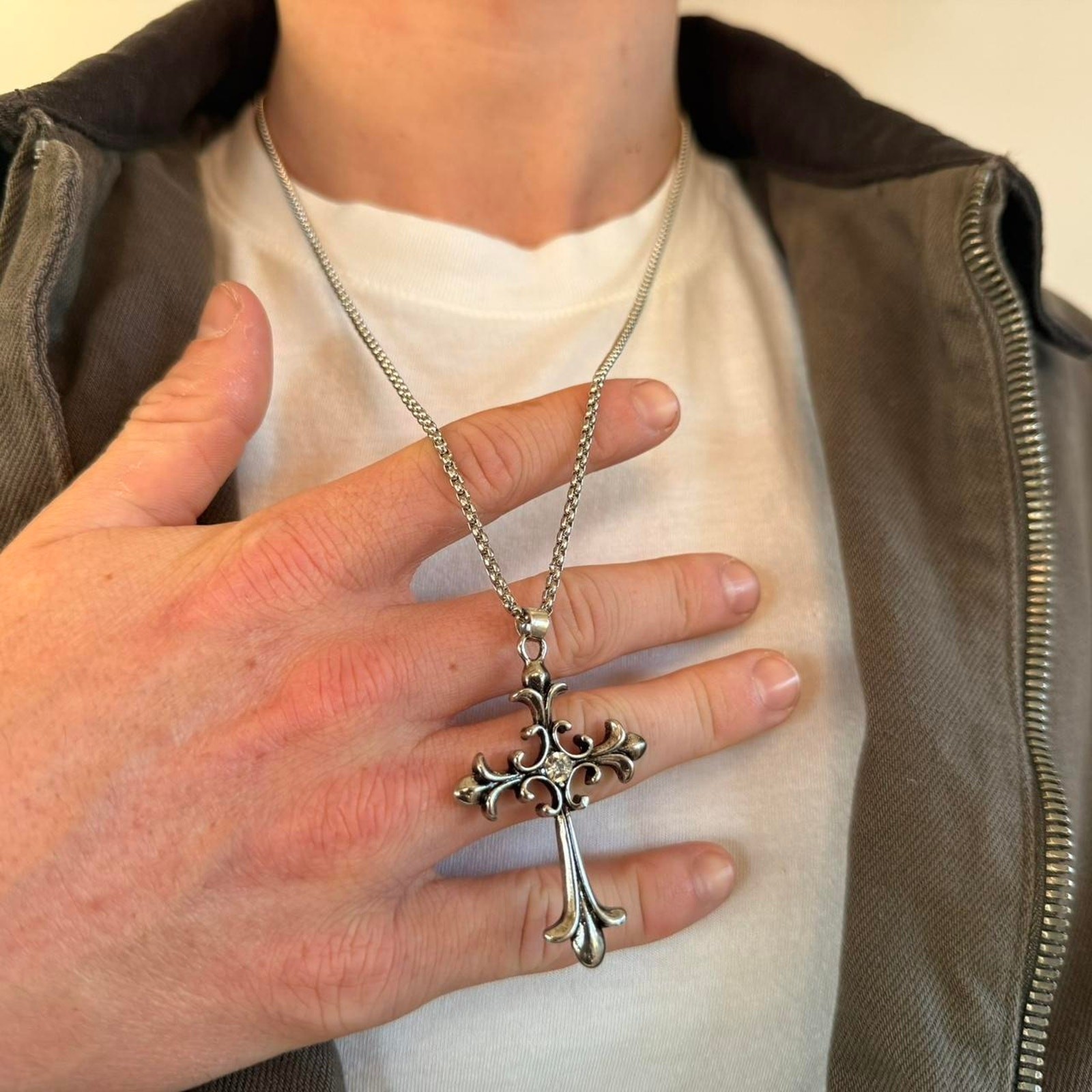 Silver Gothic Cross Pendant Necklace Unisex Stainless Steel Jewelry New