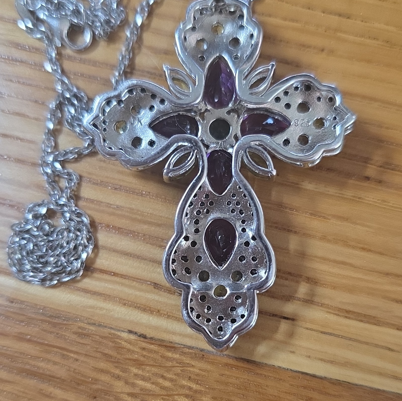 925 Sterling Silver Rope Chain Cross Pendant Necklace w/ Amethyst Peridot Black