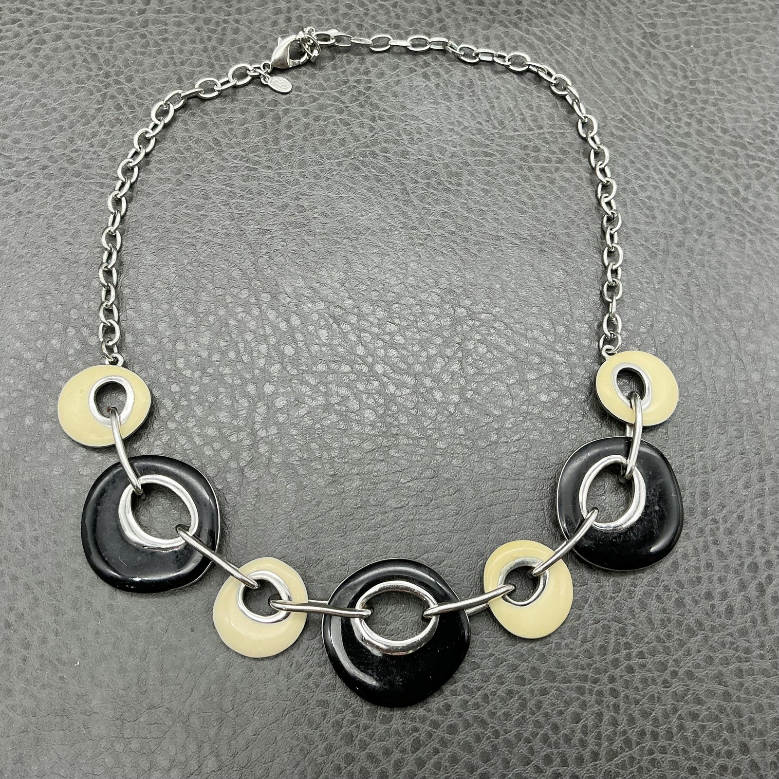 Premier Designs Black Cream Geometric Circle Necklace Earrings Set Silver Tone
