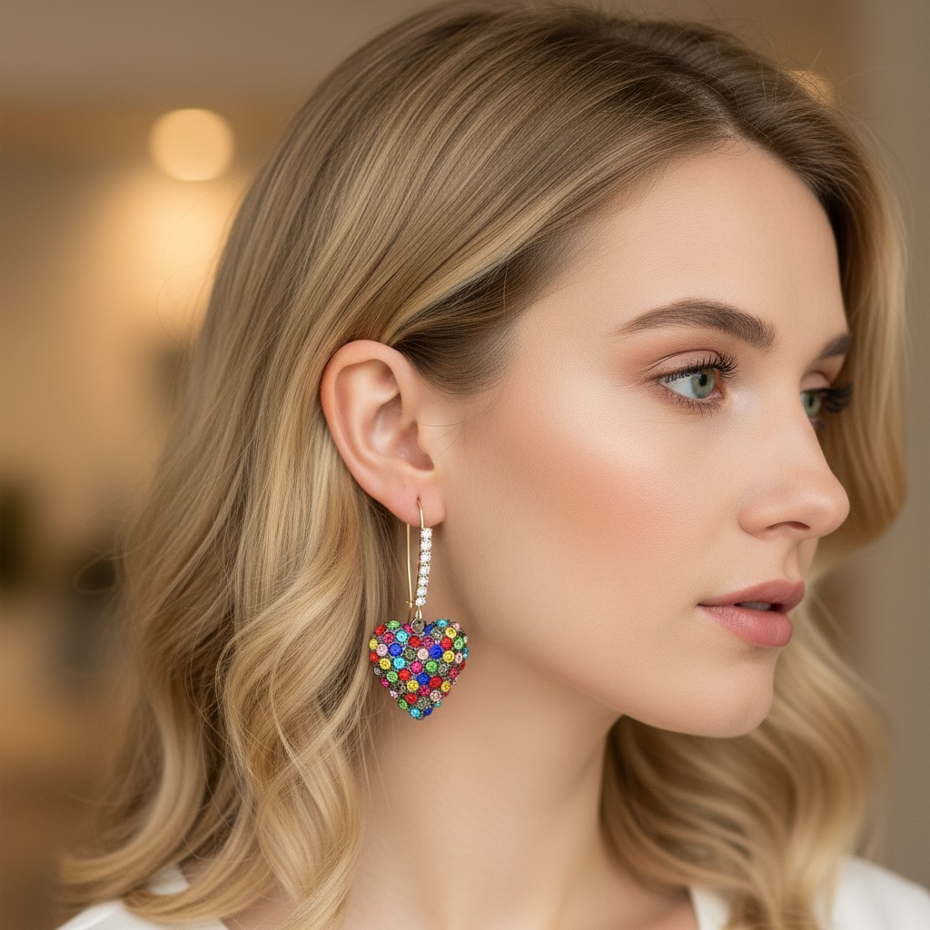 Betsey Johnson Stone Heart Dangle Earrings | Rainbow Pave Stones Crystal Accents