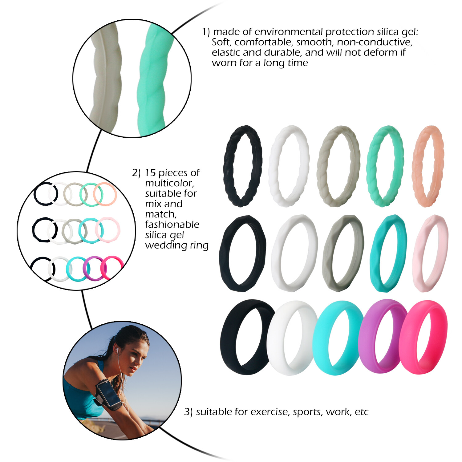15pcs Silicone Wedding Ring for Women Thin Stackable Rubber Sports Bands #4-10